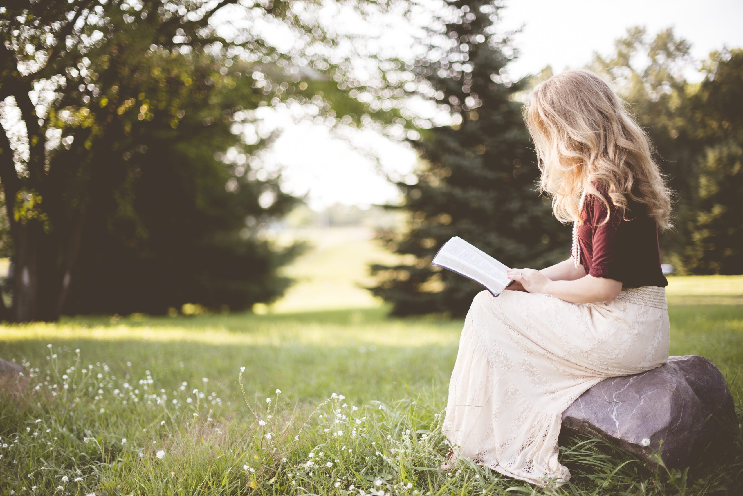 Closeup shot of a female sitting on a rock and reading the bible in a grassy field